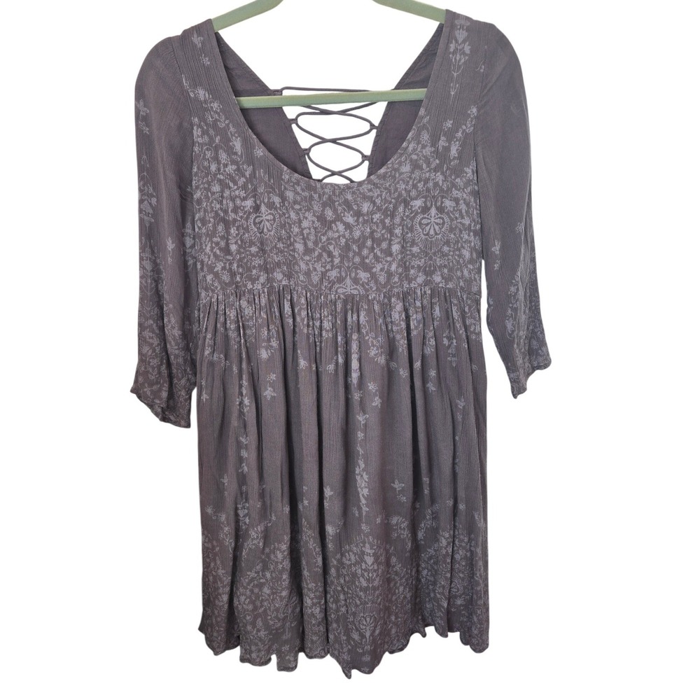 O'Neill Whimsical Boho‎ Fairy Dress Babydoll Mini Lace Up 3/4 Sleeve Gray Small